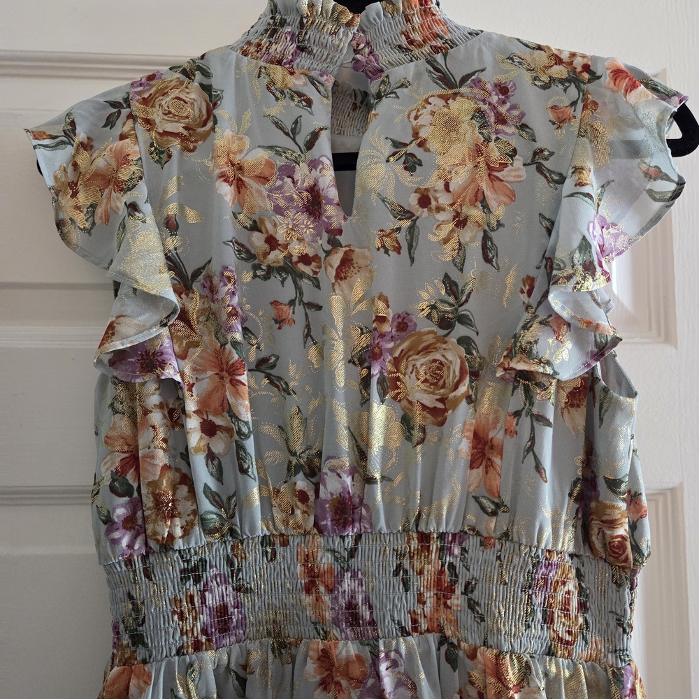 Baltic Born Light Blue Floral Maxi Dress with Gold Accents